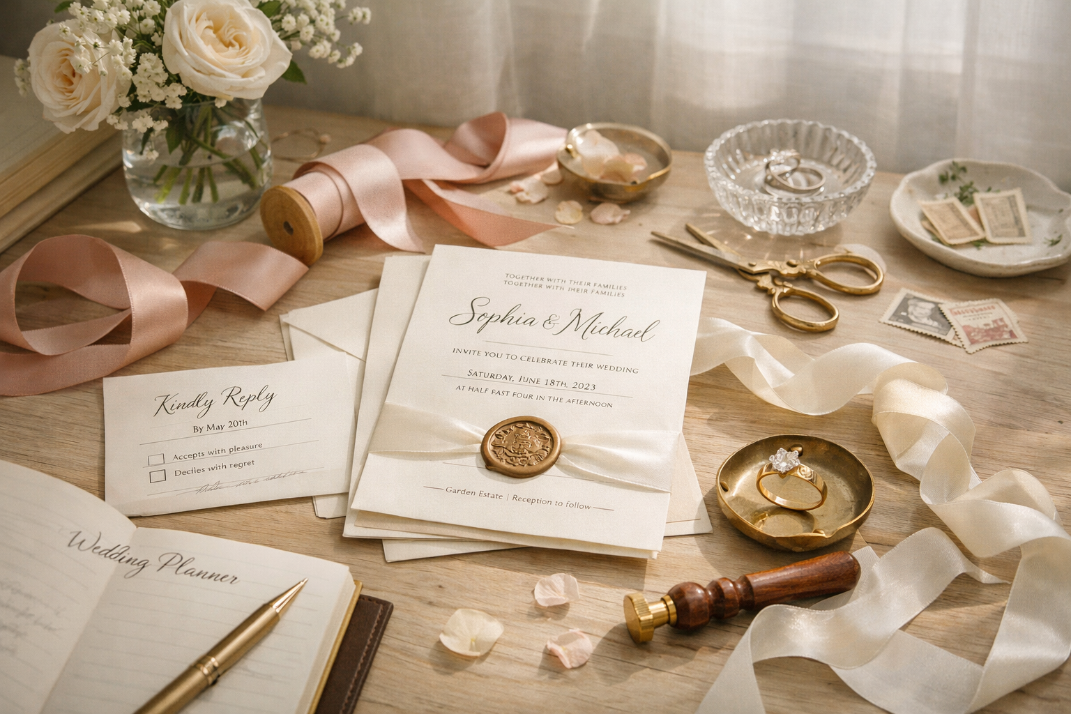 Kurdele ve kağıt davetiye estetiğinde düğün planlama masası