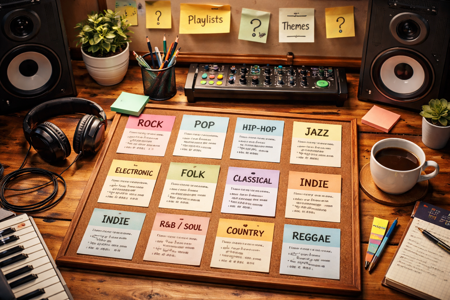 Müzik kategorilerini gösteren kağıt etiketler ve ses ekipmanı notları