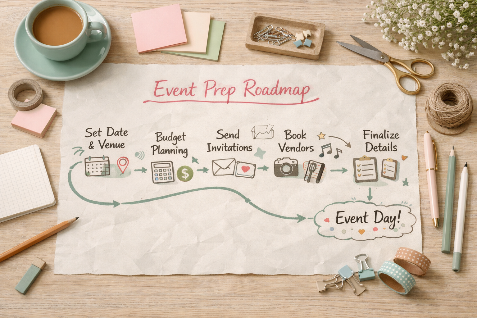 Kağıt not kartlarıyla hazırlanmış düğün yol haritası